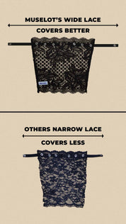 comparison image showing muselot wide lace camisole insert vs narrow lace insert on beige background, highlighting better neckline coverage for deep neck dresses and cleavage cover styling – muselot