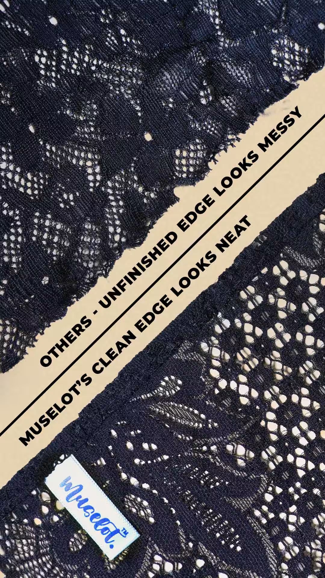 close up comparison of lace camisole insert edges showing muselot clean finished lace vs rough unfinished lace on beige background, highlighting neat stitching and better neckline coverage finish – muselot