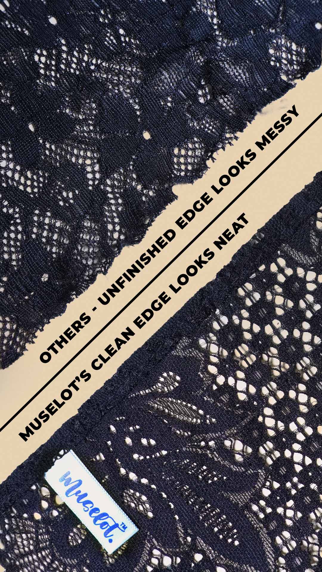 close up comparison of lace camisole insert edges showing muselot clean finished lace vs rough unfinished lace on beige background, highlighting neat stitching and better neckline coverage finish – muselot