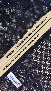 close up comparison of lace camisole insert edges showing muselot clean finished lace vs rough unfinished lace on beige background, highlighting neat stitching and better neckline coverage finish – muselot