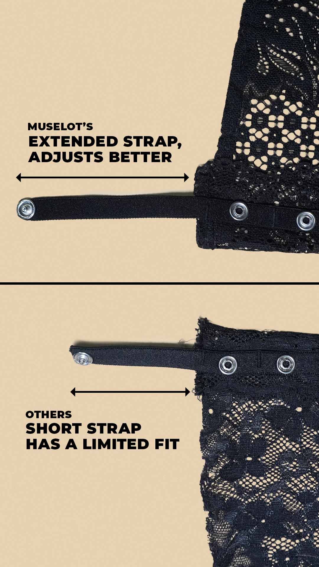 comparison close up showing muselot lace camisole insert extended strap vs short strap on beige background, highlighting adjustable strap design for better fit and deep neck coverage – muselot