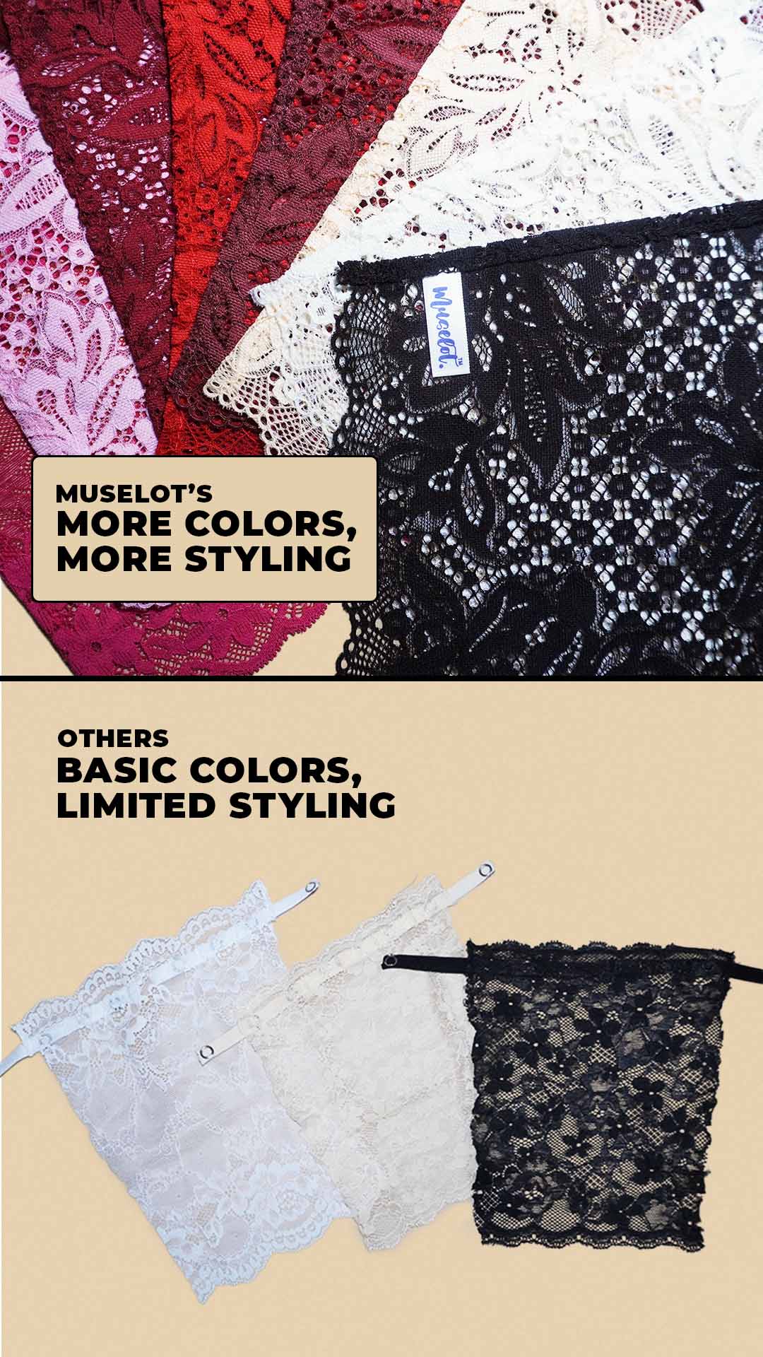 flat lay showing muselot lace camisole inserts in multiple colors on beige background, highlighting variety of styling options and deep neck coverage for dresses and tops – muselot