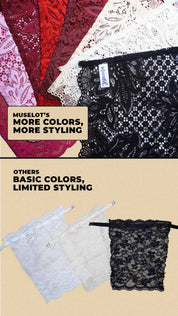 flat lay showing muselot lace camisole inserts in multiple colors on beige background, highlighting variety of styling options and deep neck coverage for dresses and tops – muselot