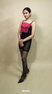 full body view of woman wearing dark pink lace camisole insert over black outfit on beige background, highlighting deep neck coverage styling with lace mock camisole for modest layering – muselot