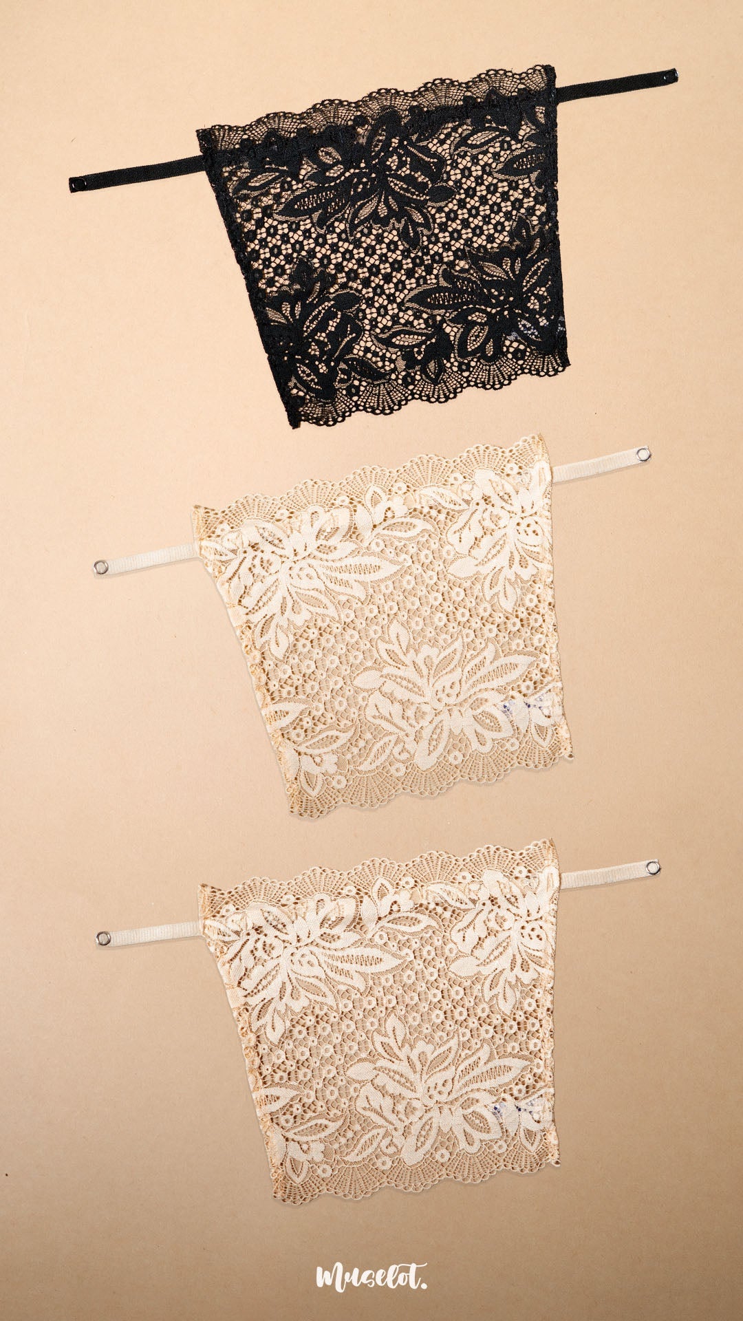 Three lace clip-on neckline covers in black and beige tones displayed on a beige background, featuring premium floral lace detailing, adjustable straps and versatile styling options. Designed for deep neck tops, kurtis, dresses and blouses, these lightweight mock camisole inserts provide elegant neckline coverage while blending naturally with a wide range of outfits and skin tones – Muselot