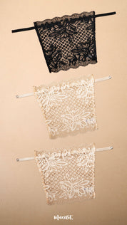 Three lace clip-on neckline covers in black and beige tones displayed on a beige background, featuring premium floral lace detailing, adjustable straps and versatile styling options. Designed for deep neck tops, kurtis, dresses and blouses, these lightweight mock camisole inserts provide elegant neckline coverage while blending naturally with a wide range of outfits and skin tones – Muselot