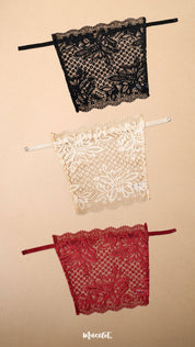 A pack of three clip-on neckline covers in black, beige and maroon is displayed on a beige background. Crafted from premium floral lace with adjustable straps and delicate scalloped edges, these deep neck cover-ups pair beautifully with dresses, tops, blouses and kurtis. The lightweight clip-on camisole inserts provide elegant neckline coverage, effortless layering and versatile styling, helping create a polished, confident look while enhancing the beauty of low-neck and deep-neck outfits – Muselot