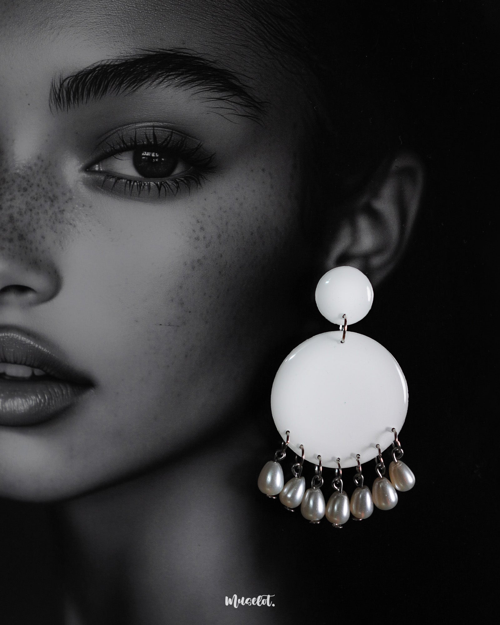 Close-up of a woman wearing designer stud drop earrings, featuring smooth white circular tops with delicate pearl drops, highlighting the graceful fusion of simplicity and elegance — Muselot.