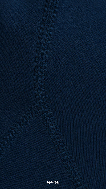 A close-up of navy blue opaque tights featuring strong double-stitched seams, highlighting durability, reinforced design, and premium quality finish - Muselot