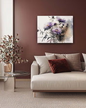 A water colour modern aster flower canvas art, displayed on a maroon wall of a netural decor living room, subtle elegance and a serene atmosphere-Muselot