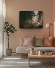 The modern forest wall art canvas in a light background of the living room features a minimalist forest scene that stands out against the soft backdrop. The clean lines and subtle tones of the artwork create a serene and elegant focal point, enhancing the room's tranquil and sophisticated atmosphere-Muselot