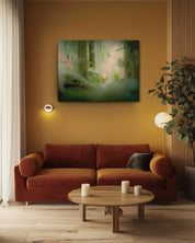modern forest  canvas art in a well-lit living room with a plain background features a captivating and mystical design. The ample lighting highlights the artwork’s subtle details and enchanting elements, while the plain background allows the art to stand out as the room's focal point. This combination creates a serene and magical atmosphere, enhancing the room's overall elegance-Muselot