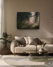 The modern forest wall art canvas, set against a neutral background, features a minimalist yet striking depiction of a forest. The subtle tones and clean lines of the artwork blend seamlessly with the neutral backdrop, creating a serene and sophisticated focal point in the room-Muselot