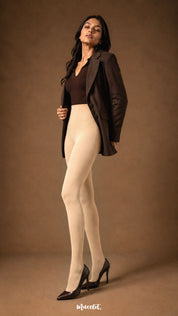 Full-length side view of beige fleece lined tights with high waist, opaque winter coverage and closed feet - Muselot