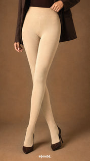 A product-focused front view of beige closed-foot winter stockings with high waist, smooth opaque coverage and fitted full-length design - Muselot