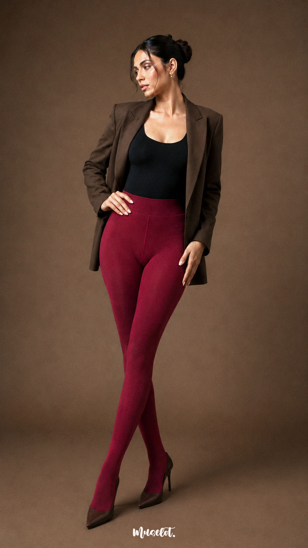 A woman wearing maroon fur lined winter warm tights with high waist, full-length opaque coverage and closed feet - Muselot