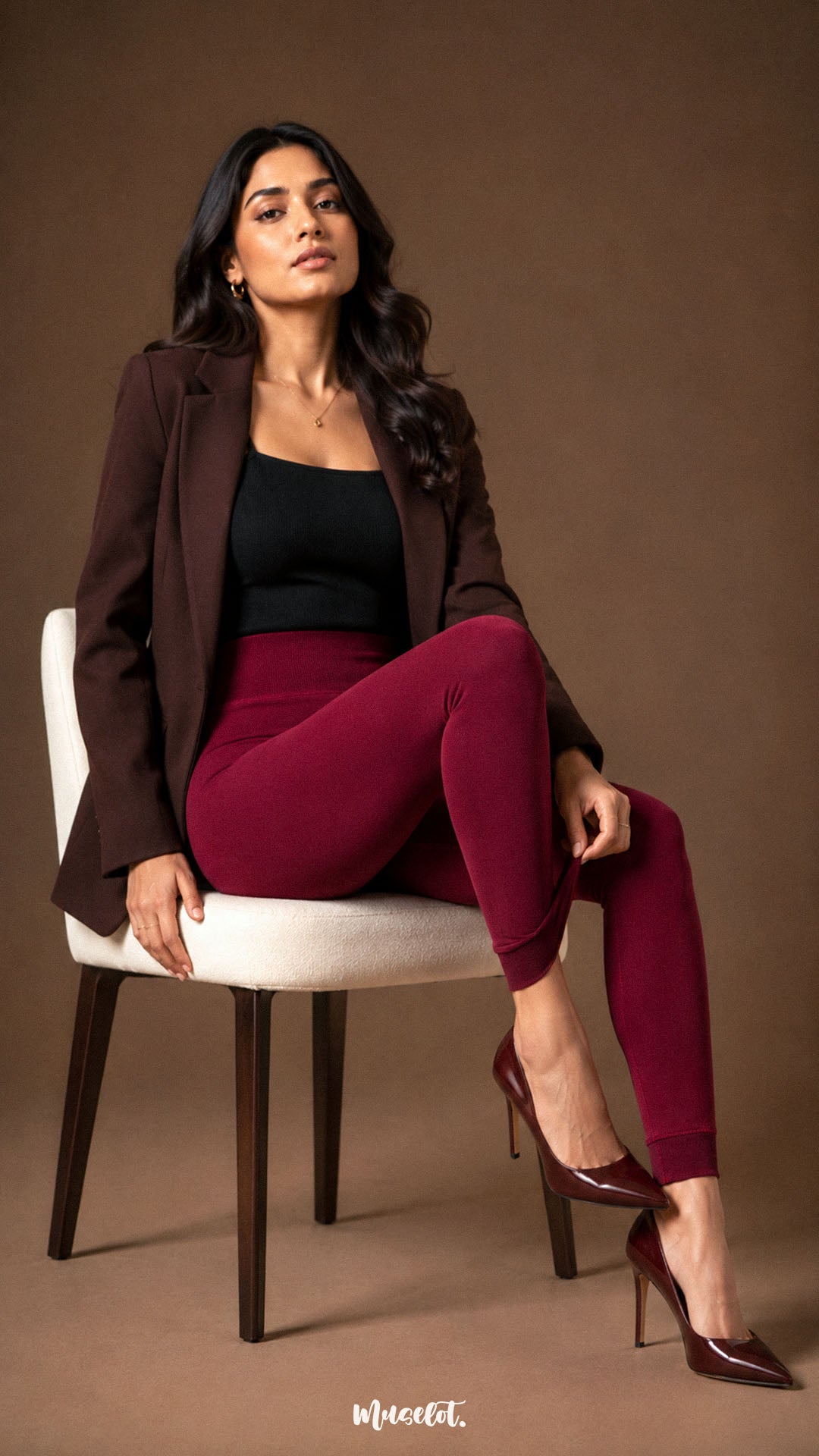 A woman seated in maroon fur lined winter tights with high waist, opaque coverage and open-foot ankle design - Muselot