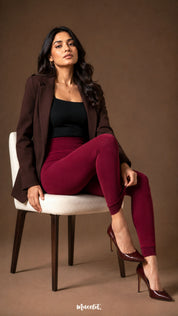 A woman seated in maroon fur lined winter tights with high waist, opaque coverage and open-foot ankle design - Muselot