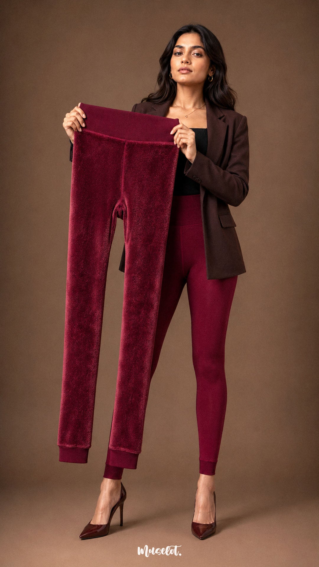 A woman holding maroon open-foot winter stockings to show the dense soft fur lining, wide waistband and warm thermal interior - Muselot