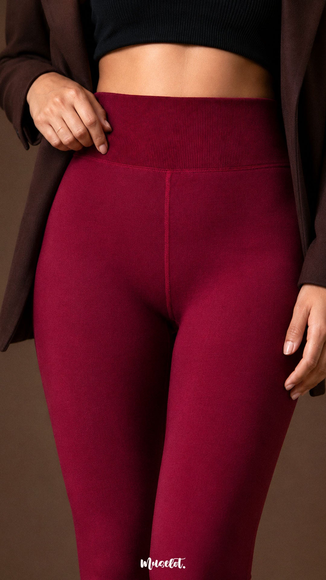 Close-up of maroon winter warm stockings showing the wide ribbed high waistband, smooth opaque fabric and comfortable stretch fit - Muselot