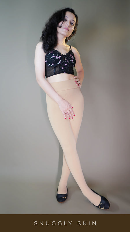 A model wearing furry snuggly skin stockings, showcasing their plush texture of the tights, offering ultimate warmth and comfort-Muselot