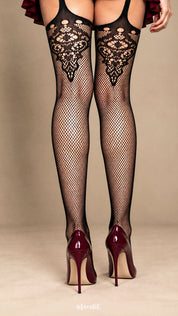A woman shown from the back wearing black fishnet garter-style stockings with an ornate lace design at the upper leg, highlighting the open suspender-style construction, the all-over mesh pattern and the glossy burgundy heels - Muselot