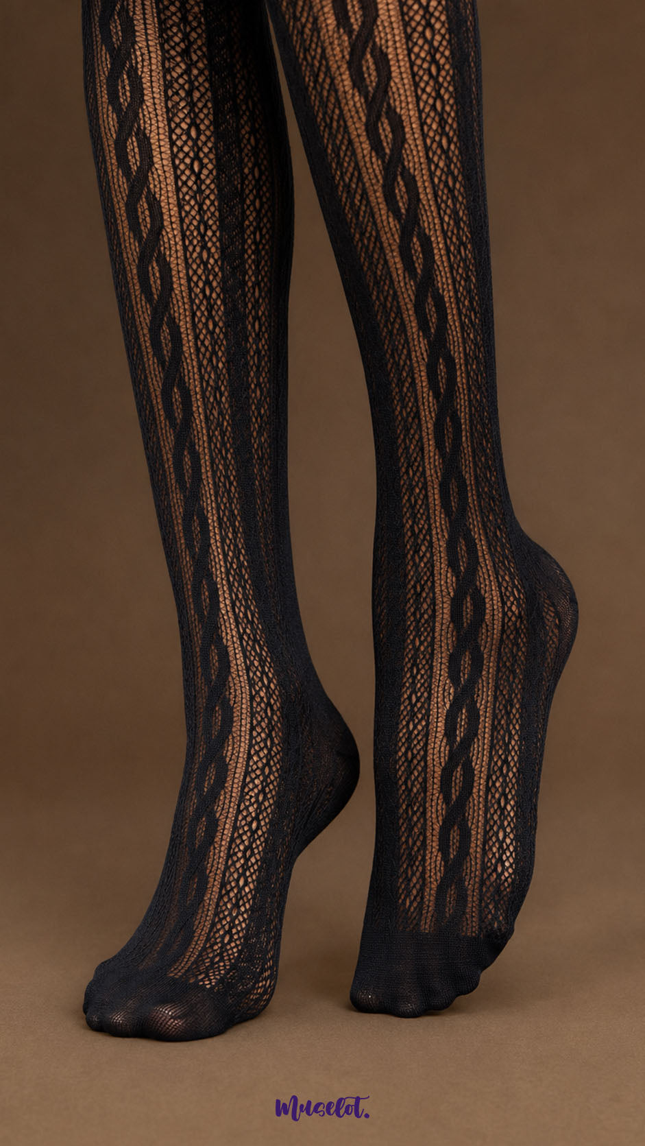 A detailed close-up of black lace stockings over the ankles and feet, showing the fine mesh texture, vertical braided design and closed-toe finish.