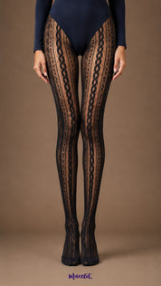 Front view of black fishnet stockings featuring symmetrical vertical braid motifs, intricate lace mesh panels and full closed-toe coverage.