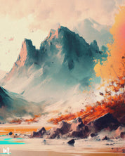 a close up view of a colorful landscape painting. It features towering mountains in shades of blue and green, set against a soft, warm sky. The foreground displays rocky terrain and a body of water, while vibrant orange and yellow foliage adds contrast to the serene mountain scene. The texture of the canvas gives it a rich, tactile quality, enhancing the depth of the landscape-Muselot







