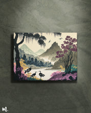 The watercolor landscape ink art canvas on a light background showcases a tranquil, flowing landscape. The light backdrop enhances the soft, delicate hues of the watercolor, allowing the intricate ink details to stand out. The piece adds a serene and elegant touch to any space, creating a gentle focal point-Muselot