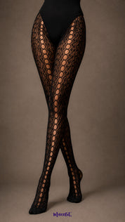A front view of black full-length lace stockings featuring an intricate patterned fishnet design, vertical oval motifs and closed-toe finish.