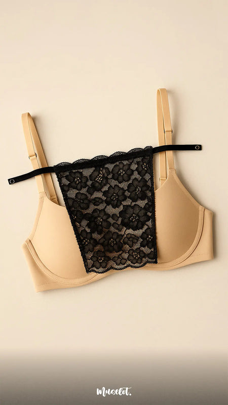 Flatlay of Lacy Black Mockers with bra setup, showcasing the intricate lace detail and how it pairs seamlessly for deep-neck coverage – Muselot