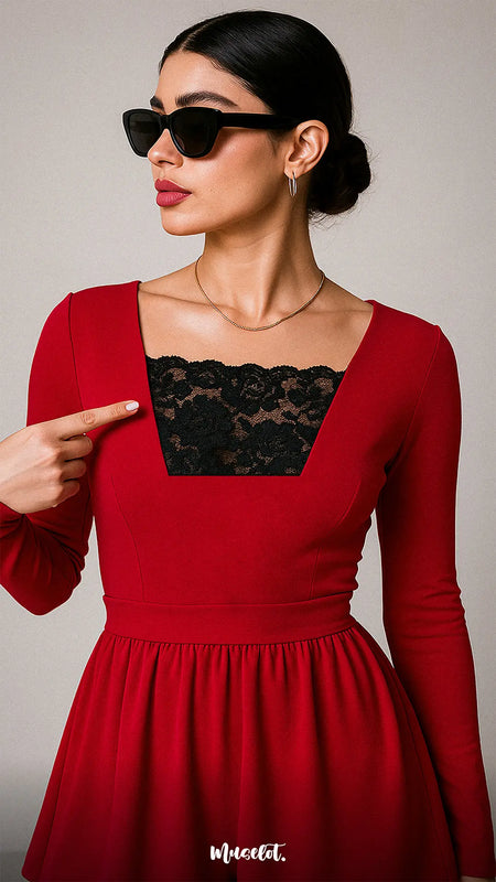 Model wearing Lacy Black Mockers with a red dress, showcasing the delicate lace detail and striking contrast that enhances deep-neck outfits – Muselot.