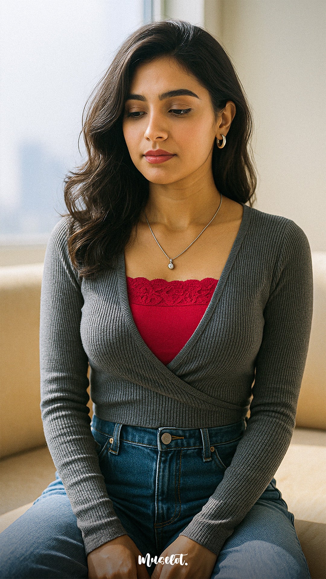 Model wearing hot pink lace mocker insert under a deep-neck top in natural daylight, showcasing vibrant lace details and stylish neckline coverage — Muselot