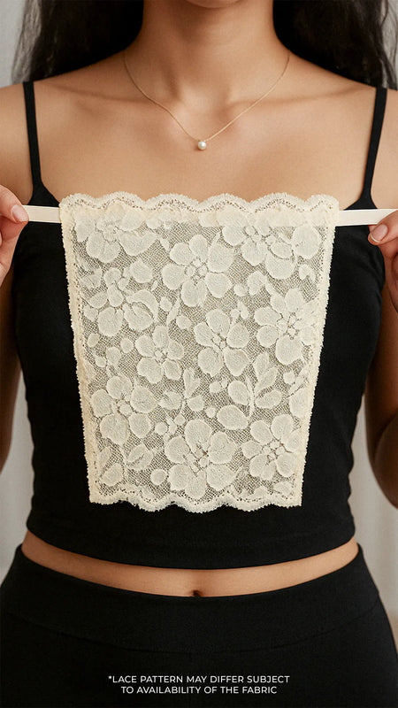 Close-up of model holding Lacy Beige Mockers, capturing the fine lacework and highlighting its graceful design for effortlessly styling deep-neck outfits – Muselot.