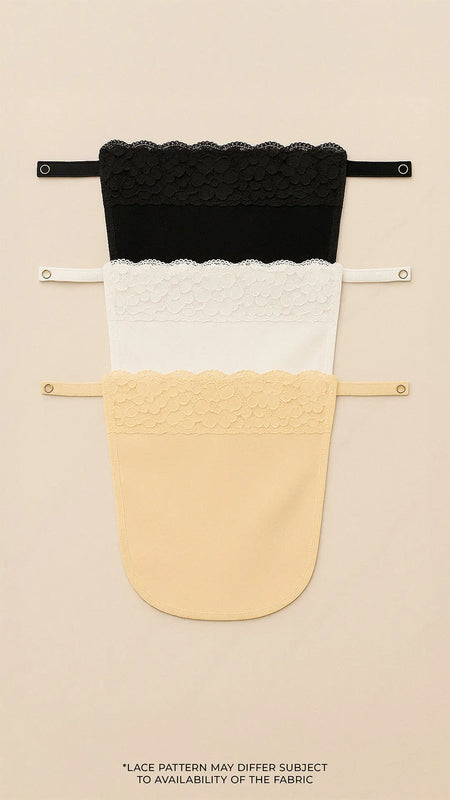 Flatlay of lace mockers in black, white, and beige, showcasing intricate lacework and versatile deep-neck coverage options — Muselot.