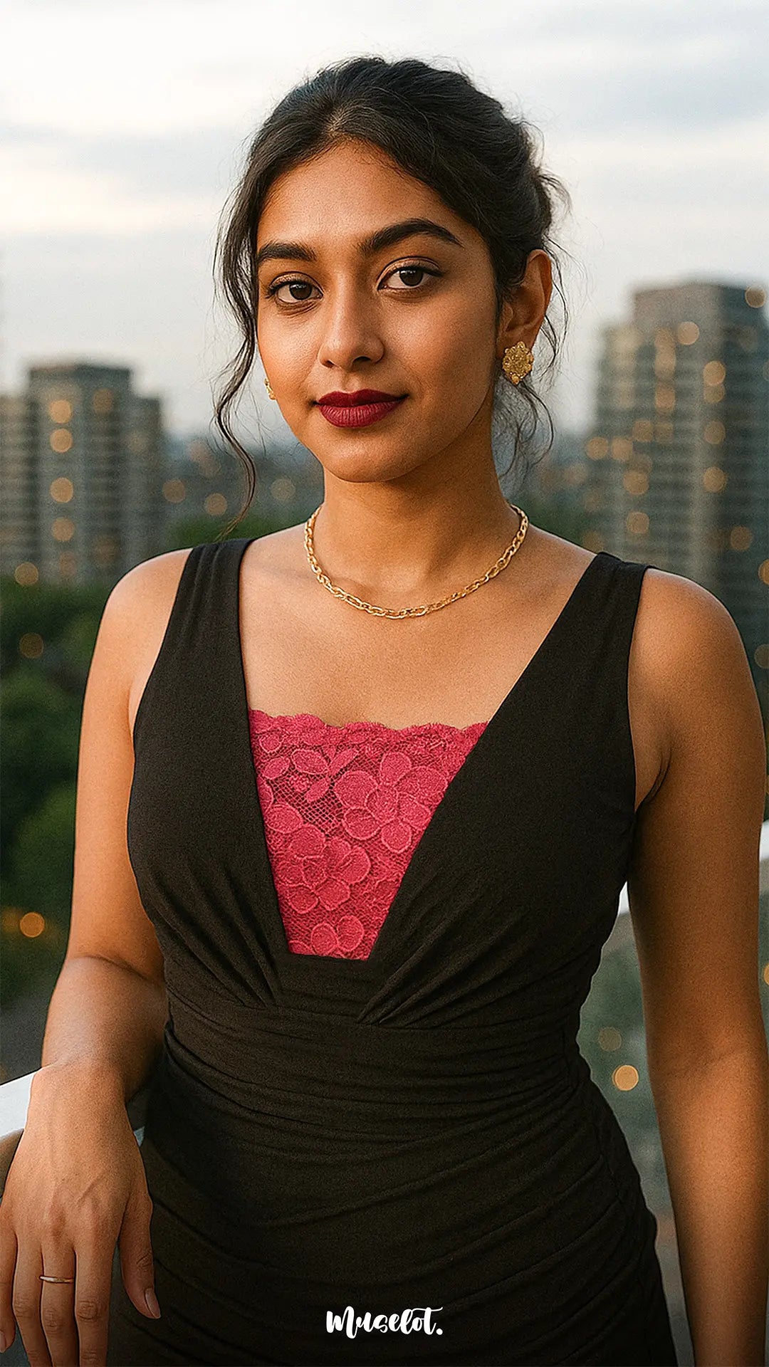 Outdoor shot of an indian model wearing Lacy neon pink Mockers with a black dress, highlighting the vibrant lace detail and bold contrast for deep-neck outfits – Muselot.