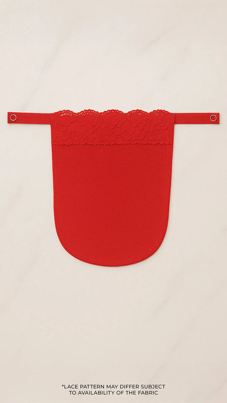 Red solid lace mocker modesty panel in flatlay view, featuring elegant lace detailing and secure fastening for stylish deep-neck coverage — Muselot.