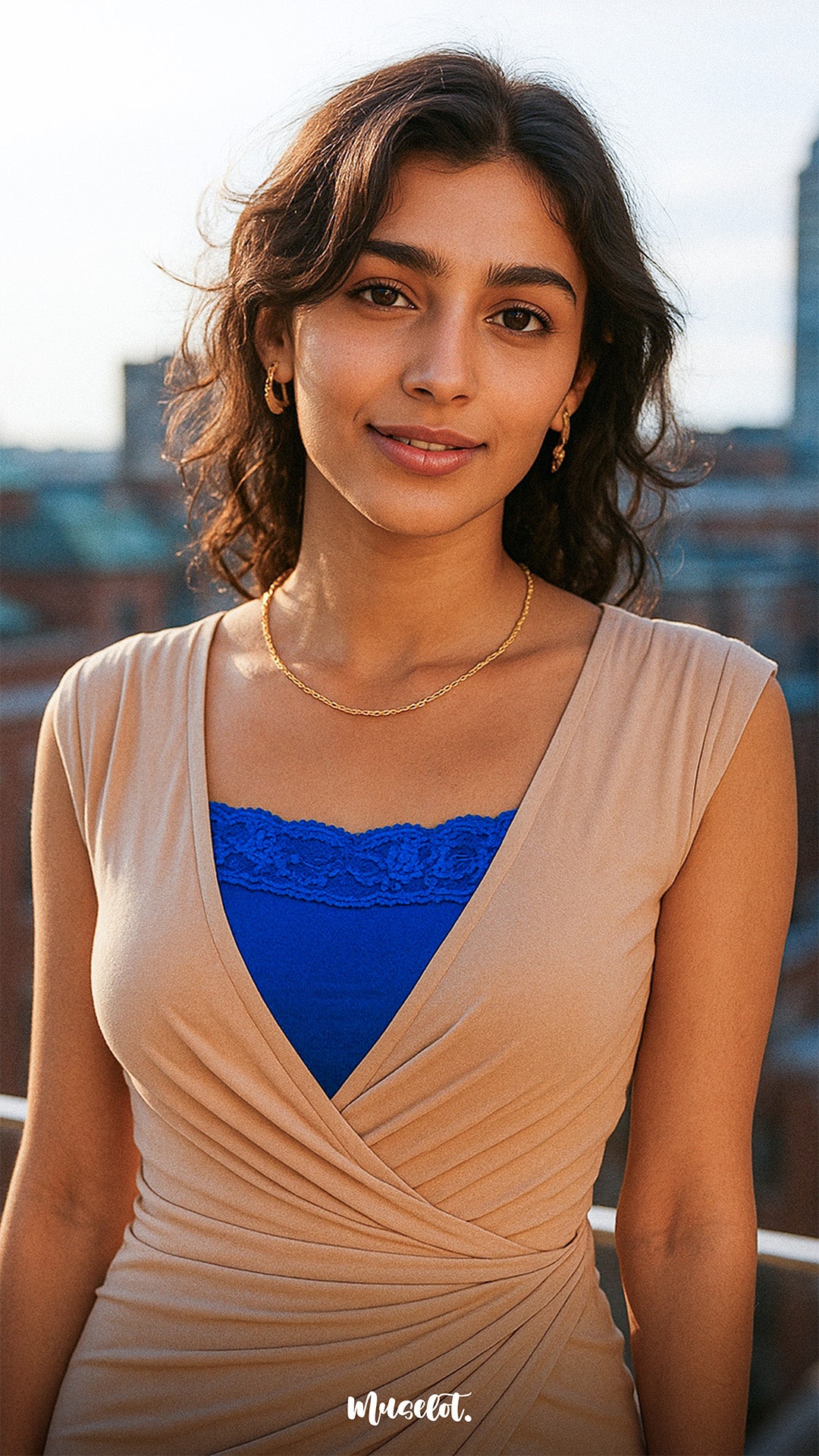 Model wearing royal blue lace mocker insert under a deep-neck outfit in an outdoor setting, highlighting vibrant lace details and elegant neckline coverage — Muselot.