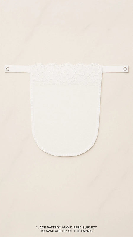White lace mocker modesty panel in flatlay view, showcasing delicate floral lace design and secure clip fastening for elegant deep-neck coverage — Muselot