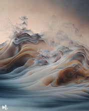 A zoomed in shot of ocean waves abstract painting. The colors blend smoothly, with earthy tones of brown and beige contrasting with shades of blue and grey. The delicate, cloud-like formations in the background give the artwork a serene, airy feel, enhancing its calm and fluid nature-Muselot