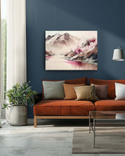 The modern mountain canvas art in a dark background living room features soft, pastel-colored mountain peaks that contrast beautifully with the deep backdrop. The dark wall enhances the gentle hues of the artwork, making the subtle colors and delicate details of the peaks stand out. This combination adds a sophisticated and calming focal point to the room.-Muselot