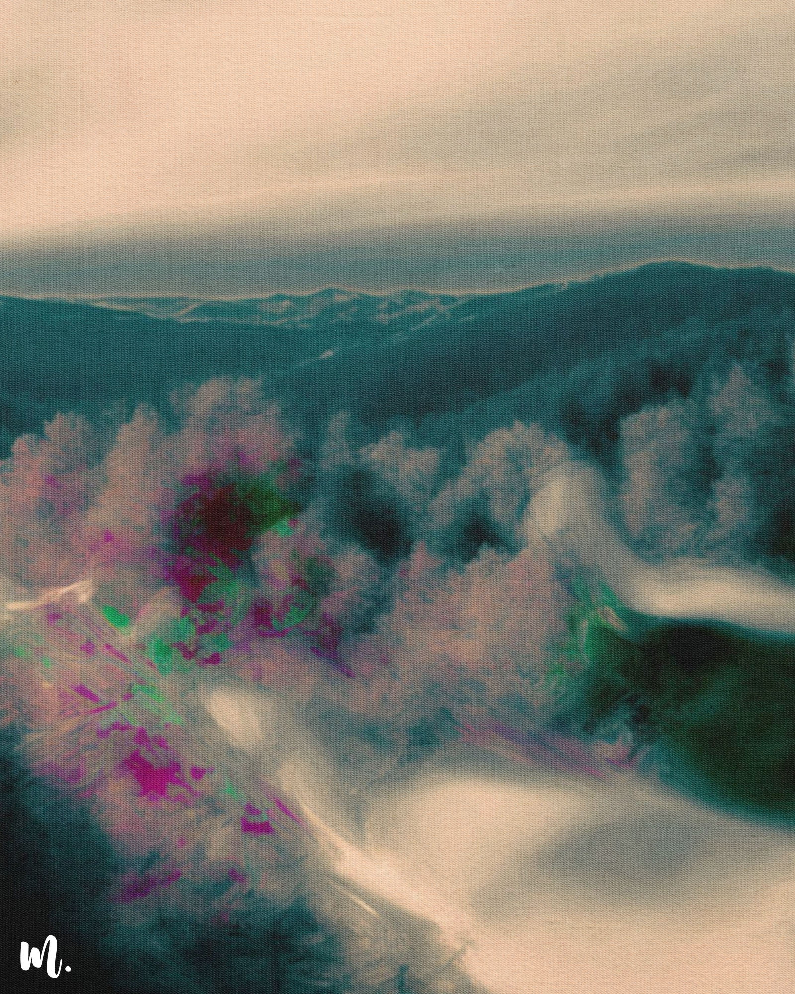 A zoomed-in view of the mountain landscape canvas art reveals the intricate details of the misty mountain scene. Ir highlights the delicate textures, subtle gradients, and surreal elements that contribute to the artwork’s dreamlike quality. This detailed perspective enhances the ethereal and enigmatic aspects of the piece, showcasing its depth and complexity.-Muselot
