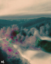 A zoomed-in view of the mountain landscape canvas art reveals the intricate details of the misty mountain scene. Ir highlights the delicate textures, subtle gradients, and surreal elements that contribute to the artwork’s dreamlike quality. This detailed perspective enhances the ethereal and enigmatic aspects of the piece, showcasing its depth and complexity.-Muselot
