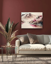 The modern mountain canvas art in a dark background living room with minimal fur features a serene landscape of softly colored peaks. The dark backdrop makes the pastel hues of the artwork stand out, creating a gentle contrast. The minimal furniture adds a touch of texture and warmth without overwhelming the space, enhancing the artwork's calm and sophisticated aesthetic.-Muselot