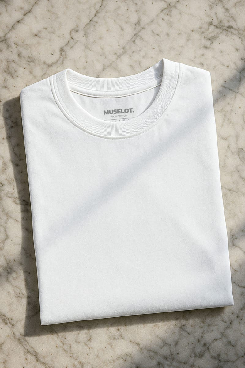 A unisex oversized white T-shirt laid flat in soft sunlight, highlighting its relaxed silhouette and subtle fabric texture, giving off a breezy and versatile vibe — Muselot
