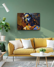Radha rani modern art canvas on a plain wall in a well-lit living room features a vibrant and evocative depiction of Radha in Krishna's colors. The ample lighting highlights the artwork’s rich hues and intricate details, while the plain wall ensures that the art remains the focal point. This setup creates a dynamic and elegant atmosphere, bringing a touch of spiritual beauty and sophistication to the room.-Muselot