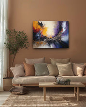 Raging sunset modern simple abstract art, displayed on a peach wall of an coffee area, introducing a burst of energy and color into the room, while the furniture and decor maintain a serene and inviting atmosphere-Muselot