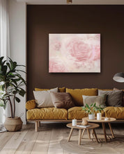 Roses abstract art on a brown wall in the living room features a dreamlike depiction of flowers. The rich brown backdrop enhances the artwork's vibrant colors and surreal details, creating a warm and sophisticated contrast. This combination adds depth and elegance, making the art a compelling focal point in the space.-Muselot






