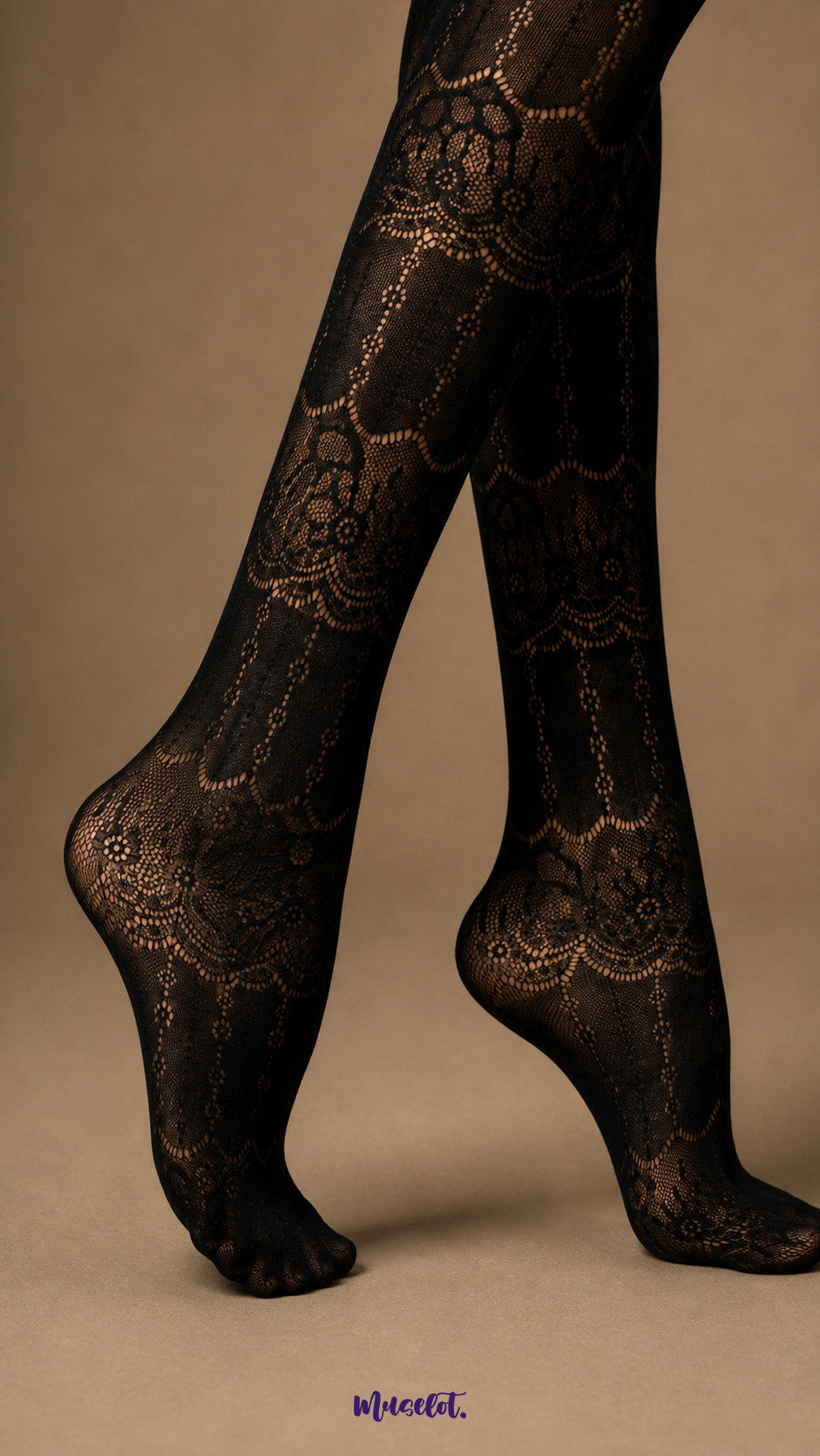 Close-up of black lace pantyhose covering the feet and lower legs, highlighting the detailed patterned mesh and closed-toe construction - Muselot